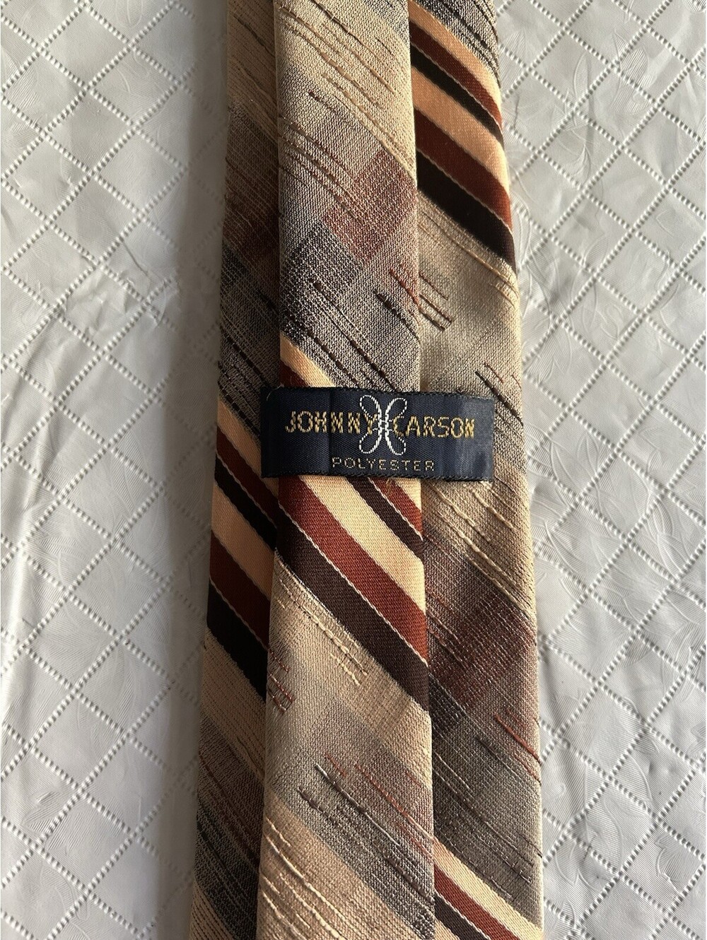 Vintage Johnny Carson Diagonal Stripe in Brown Gold Tones Polyester Neck Tie